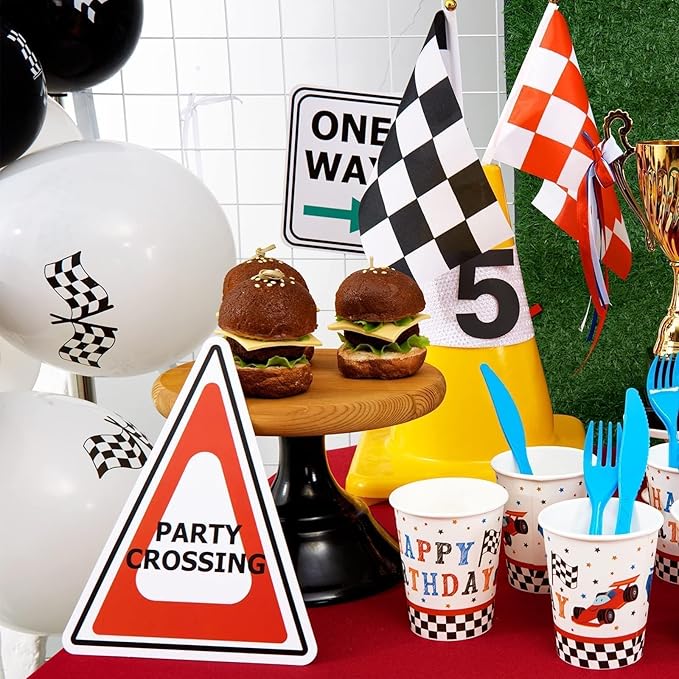 WERNNSAI Race Car Birthday Party Decorations - 10PCS Funny Car Party Signs Decorations for Boys Kids Racing Birthday Supplies Racing Cars Route 66 Sign for Birthday Anniversary Home Yard Wall Decor