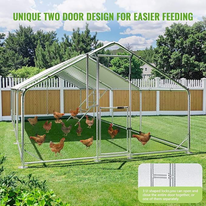 Large Metal Chicken Coop, 10x26x6.5FT Chicken Runs for Yard with Cover and Roosting Perch, Split Doors Walk in Chicken Coop
