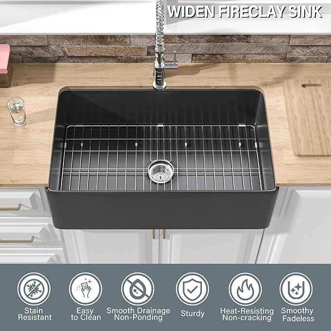Black Farmhouse Sink 33 x 20 Inch, Firecaly Apron Front Undermount Farm Sink, Single Bowl, with Accessories 2 Types, Matte Black, for Kitchen