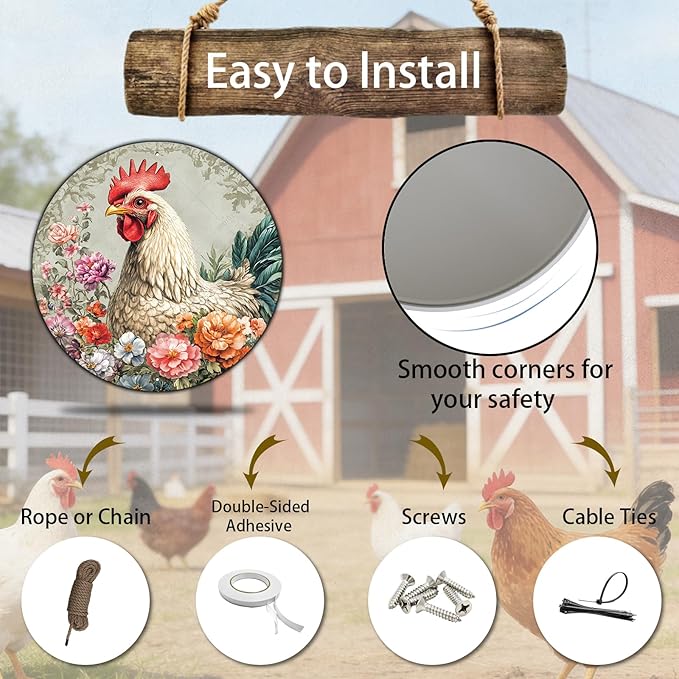 Chicken Coop Hen Round Vintage Metal Tin Sign Flower Kitchen Farmhouse Wall Signs Vintage Wall Art Decoration Poster for Chicken Lovers Decor 8 Inch