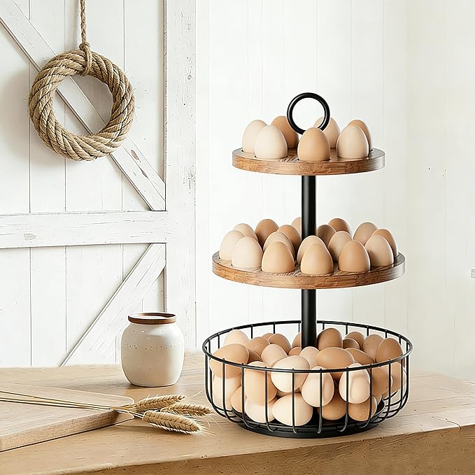 3-Tier 360° Rotating Egg Holder with 24+40 Egg Capacity - Rustic Farmhouse Kitchen Counter Organizer, Tiered Storage Rack with Ventilated Wooden Trays & Metal Basket for Easy Access and Freshness