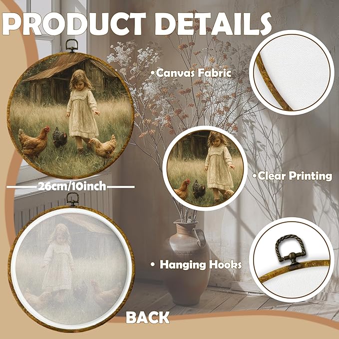 CUANFDDSF Vintage Rustic Farmhouse Round Wall Art, Cottagecore Farm Little Girl Chicken Framed Hanging Wall Decor, Country Canvas Prints Decorations for Home Bedroom Living Room, 10x10 Inch