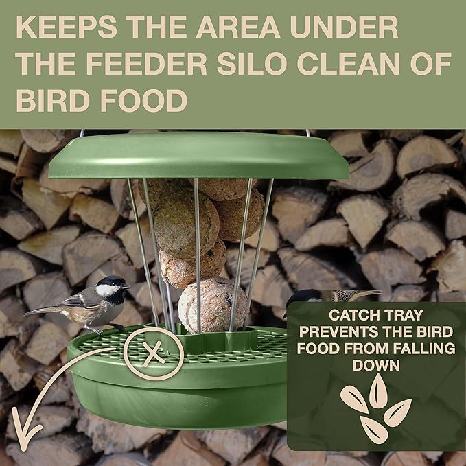 SWISSINNO Bird Feeders - No Mess Fat Ball/Suet Feeder for Outdoors Hanging - Smart Birds Lucerne Spill Proof Wild Cardinal Bird Feeder with Integrated Seed Catcher Tray - Sage