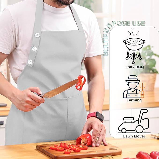 TOSHE Kitchen Apron Waterdrop Resistant Cotton Apron with adjustable Aprons for Women with Pockets 10 Color option Cooking Silver Apron (Silver)