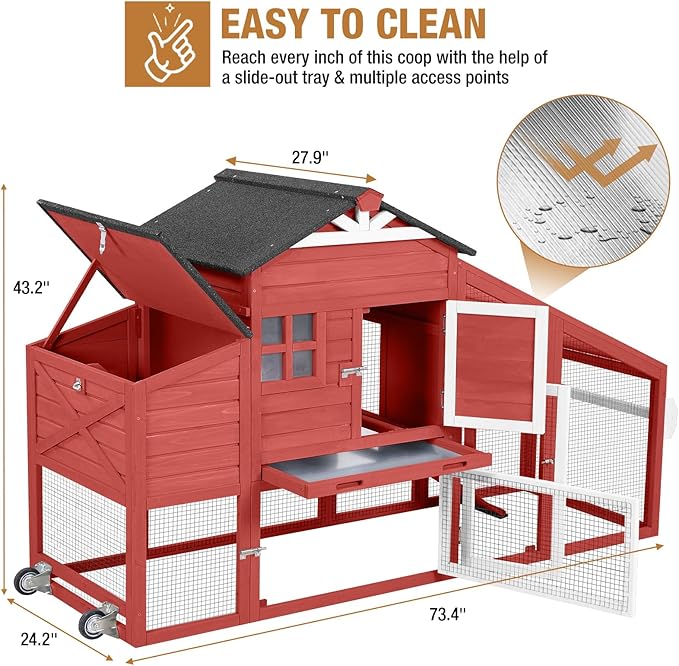 Large Chicken Coop for Outdoor with Nest Box and Removable Tray, Hen House Waterproof for 2-6 Chickens, Outdoor Poultry Cage with Wheels - Red