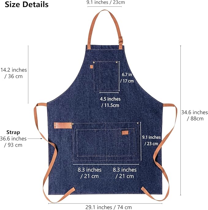 Denim Apron with Pockets Tall Bib Apron Large with Long Ties Adjustable - Gifts for Men Women