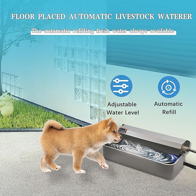 Automatic Dog Water Dispenser with Drain Hole, 304 Stainless Steel Auto Water Dog Bowl with Float Valve, Hose Quick Connect Fitting, Automatic Livestock Waterer for Horse, Chicken (2 Gallon)