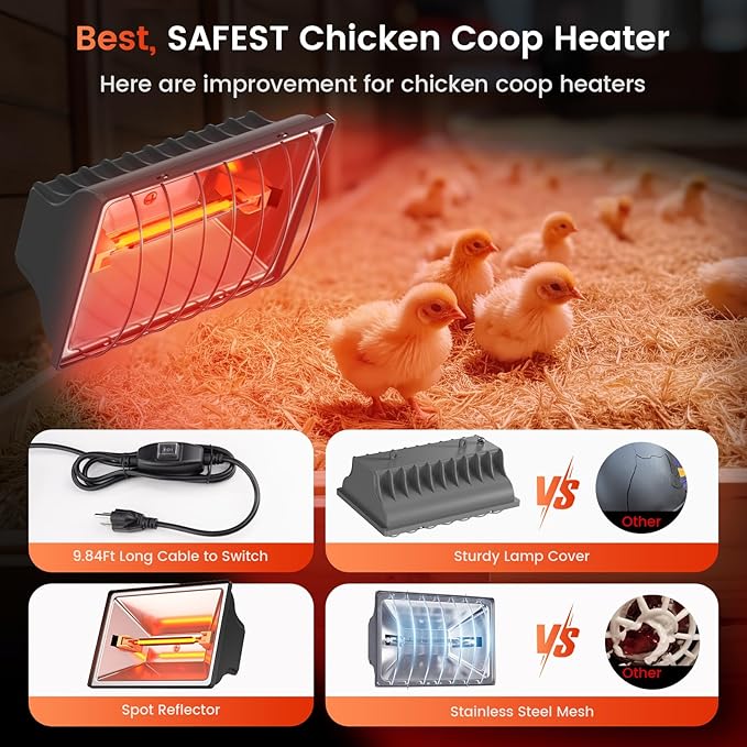 Chicken Coop Heat Lamp, 300W Brooder Heater for Chicks 9.84ft Cord UL Passed Heating Plate & Heat Lamp with Adjustable Hanging Height for Livestock Supplies Indoor Warmer(2 Pack)