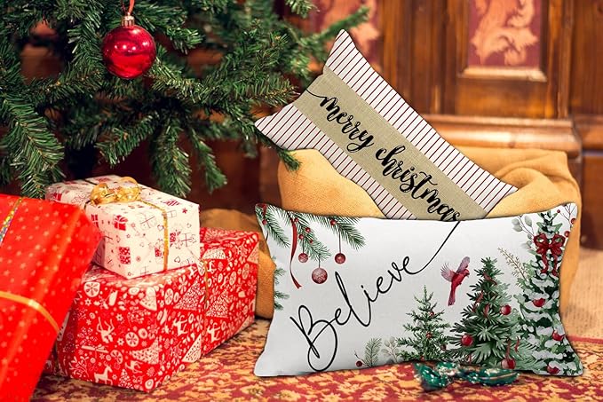 Christmas Pillow Cover 12X20 Inch Red Baubles Believe Christmas Tree Forest Bird Decoration Holiday Farmhouse Winter Pillow Case for Sofa Couch Decor