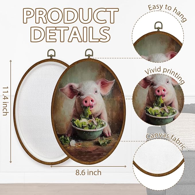 WULQYING Funny Pig Kitchen Wall Art Decor, Rustic Farmhouse Pig Oval Framed Canvas Art Prints, Country Farm Animal Wall Hanging Decor for Home Kitchen Dining Room, 8.6x11.4 Inches