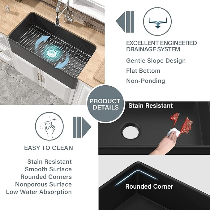 Black Farmhouse Sink 33 x 18 Inch, Single Bowl Firecaly Apron Front Undermount Farm Sink, with Accessories 2 Types, Matte Black, for Kitchen