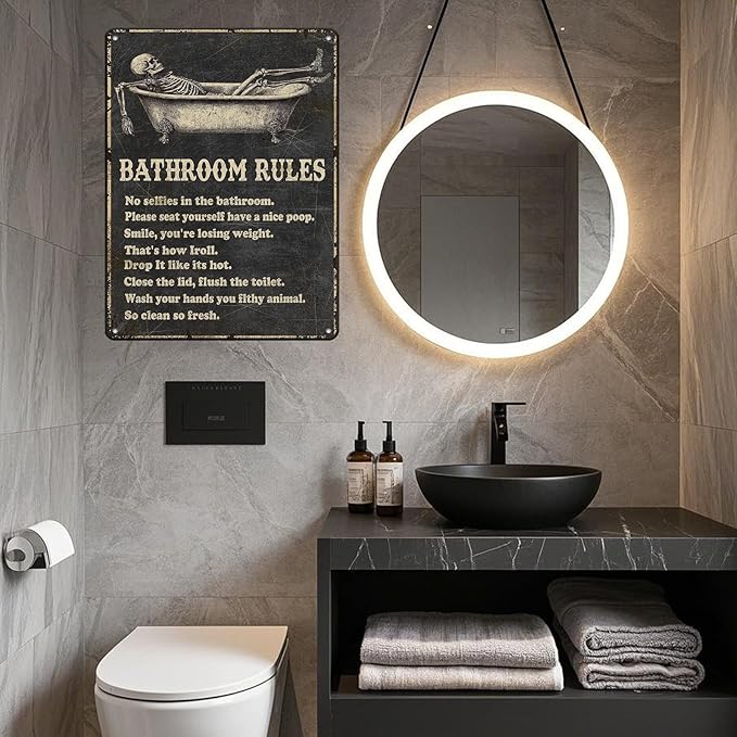 Funny Skull Bathroom Rules Metal Tin Sign Wall Decor - Vintage Bathroom Quote Tin Sign for Toilet Restroom Washroom Home Decor 12x16 Inch