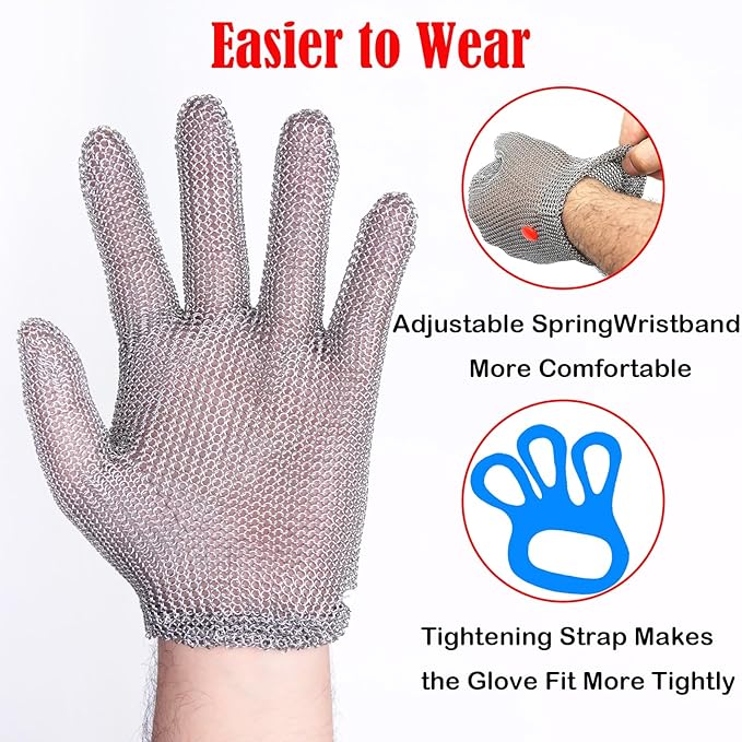 Chainmail Gloves for Cutting Meat&Food,Highest Level Cut Resistant Gloves for Women,Food Grade,Spring Wristband,Stainless Steel Mesh Metal Glove,Safety Work Cut Proof Glove for Butcher/Chef (X-Small)