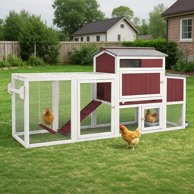 Chicken Coop Mobile Wooden Hen House with Nesting Box,83.2" L Outdoor Chicken House with 2 Wheels and Removable Tray,Fir Wood Chicken Tractor with 6 Ventilation Door and 1 Ramp,Red