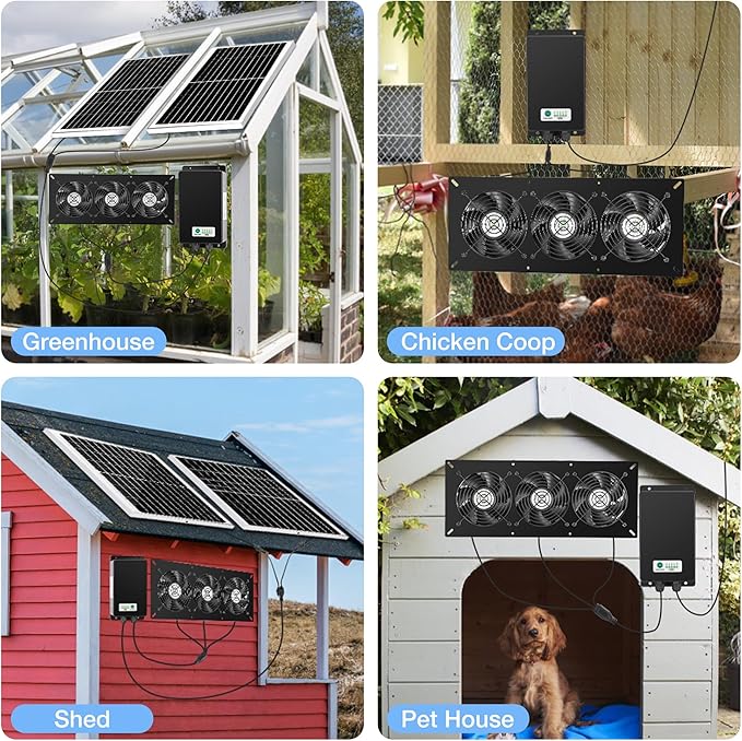Solar 3 Fan Kit with 66.6 Wh Battery Backup, 50W Solar Panel Powered Rechargeable Weatherproof Fans for Chicken Coop, Greenhouse & Shed