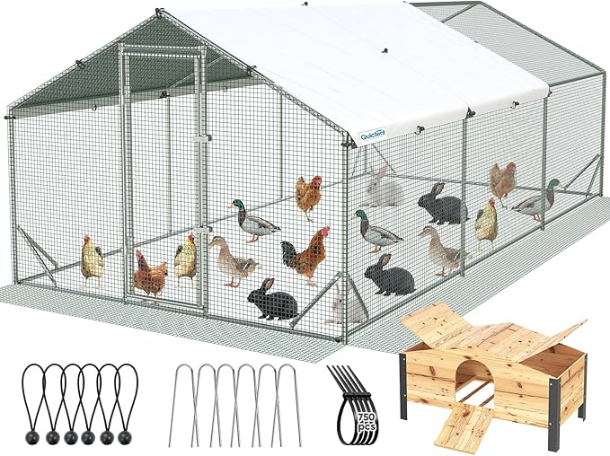Quictent Large Metal Chicken Coop Run for 30+ Poultry with Nesting Box, Side Hardware Cloth & Cover, Advanced Series Outdoor Walk-in Cage Hen Duck Rabbit Dog Pen Yard Farm House, 18x9x6.6FT