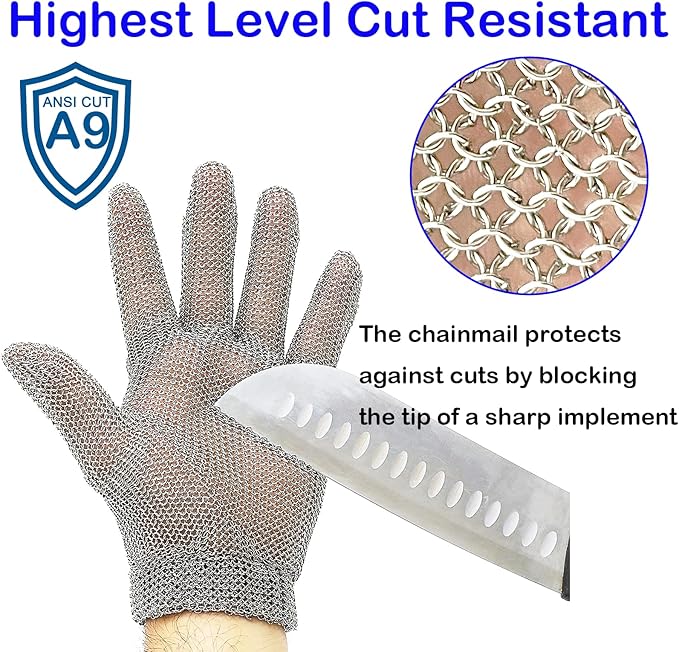 Chainmail Glove for Cutting Meat,Upgrade Spring Wristband,Highest Level Cut Resistant ,Food Grade,Stainless Steel Metal Mesh Gloves,Safety Work Cut Proof Glove for Chef/Butcher Gloves Oyster(M)