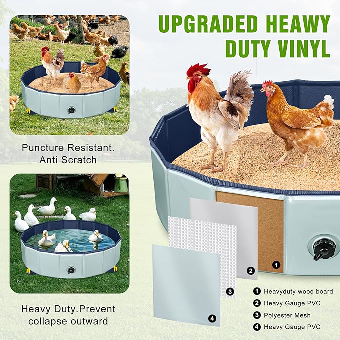 Chicken Dust Bath Tub,Bath Container for Chickens,32'' Diameter x 8'' Height, Foldable Design, Extra Tough PVC Dust - Chicken Coop Cleaner, Essential Poultry Accessory (Grey) (Gray)