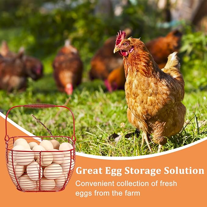 2 PCS 7" Red Square Wire Egg Baskets for Fresh Egg With Handle, Small Metal Collecting Basket for Gathering Fresh Eggs, Chicken and Duck Eggs Hunting Basket Egg Holder Countertop