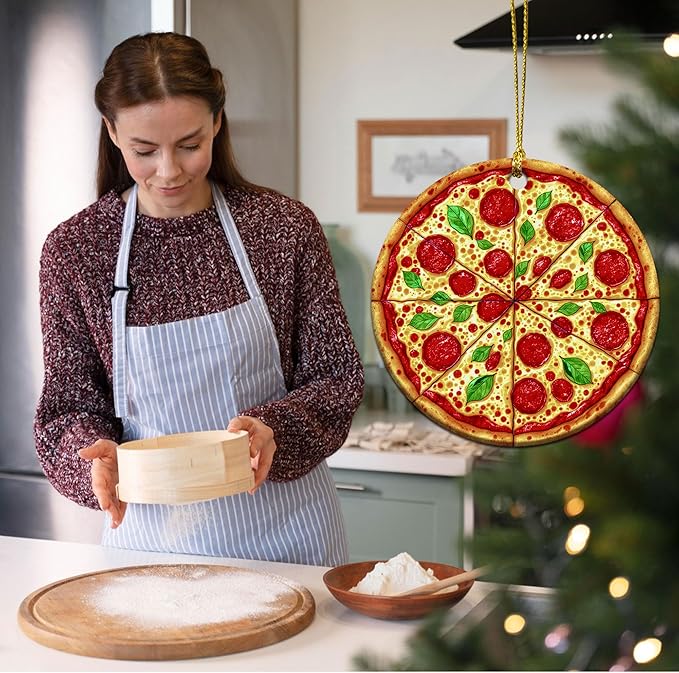 Pizza Ornaments for Christmas Tree - Pizza Gifts for Food Lovers, Women, Men - Food Ornaments for Christmas Tree - Pepperoni Lovers Ceramic Ornament