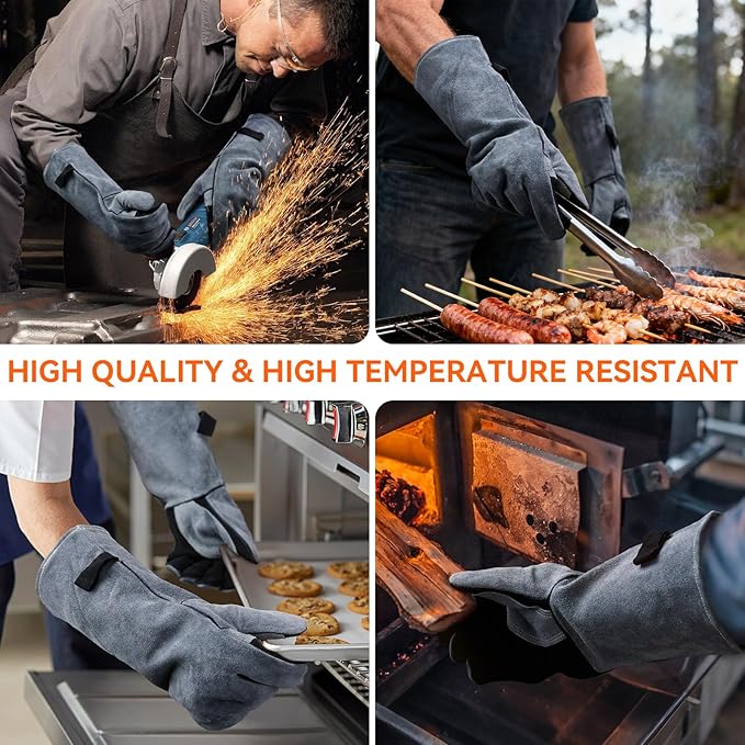 OZERO 932°F Heat Resistant Welding Gloves 16 inches Cowhide Leather - Long Sleeve and Insulated Lining BBQ Glove for Tig Welder/Mig/Grill/Barbecue/Stove Black-gray