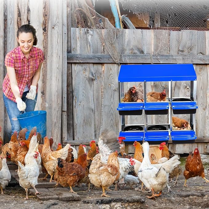 GarveeHome 2-Tier Chicken Nesting Box, 6 Compartment Metal Chicken Laying Boxes with Waterproof Roof ＆ Removable Trays for Hens, Poultry，Easy Egg Collection