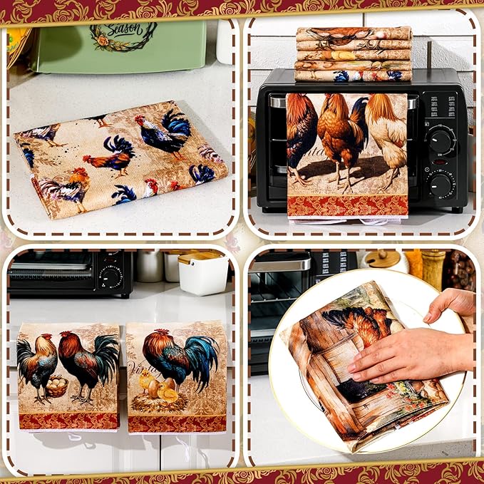 Bencailor 6 Pcs Farmhouse Kitchen Towels Chicken Rooster Kitchen Decor Farm Animal Hand Towels for Cooking Baking Housewarming Gift,15.75 x 23.62 inch(Golden Brown,Rooster)