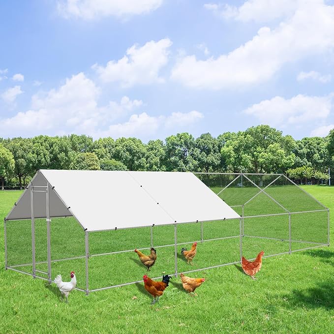 Extra Large Metal Chicken Coop Walk-in Poultry Cage Hen Duck Run House with Waterproof & Anti-UV Cover Galvanized Rabbits Habitat Spire Shaped Cage for Outdoor Yard Farm Use