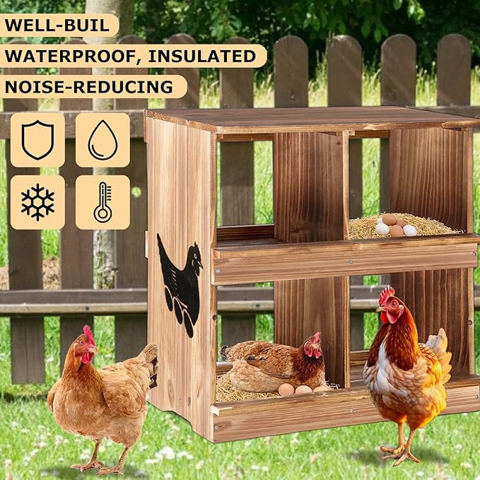 Nesting Boxes for Chickens - Wooden Chicken Nesting Box for Chicken Coop Accessories, Sturdy 4-Compartment Wall Mount Egg Laying Box for Hens, Chickens, and Ducks(Richly Charred)