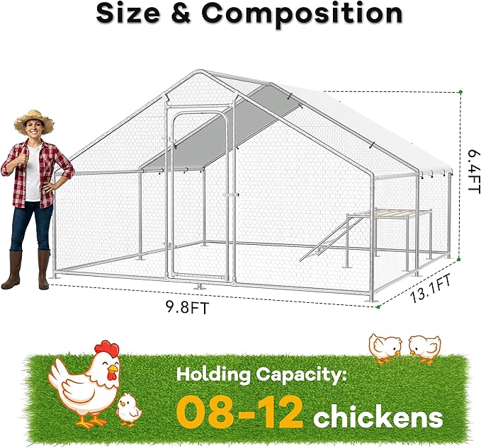 Large Metal Chicken Coop with Roosting Ladder, UV-Resistant and Waterproof Cover, Outdoor Walk-in Cage Hen House for Yard Farm Rabbit Duck Chicken Run, Spire Roof (13.1'W x 9.8'L x 6.4'H)