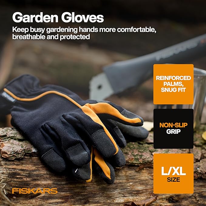Fiskars Vegetable Gardening Essentials 6-Piece Tool Set for Cultivating, Serrated Stainless Steel Shears & 4-in-1 Seed Sower for Planting, Rust-Resistant Steel Trowel, Cultivator, Weeder, L/XL Gloves