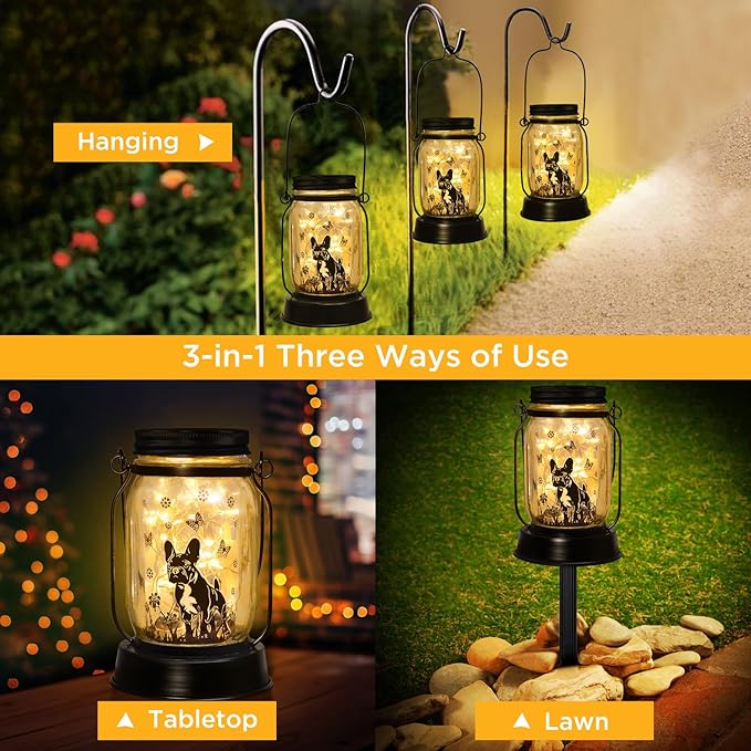 French Bulldog Frenchie Gifts for Women/Men French Bulldog Solar Lanterns Dog Mom Birthday Dog Lovers Lantern Pet loss Pet Memorial Lights Solar Garden Decoration Yard, Patio,Backyard,Porch Torches