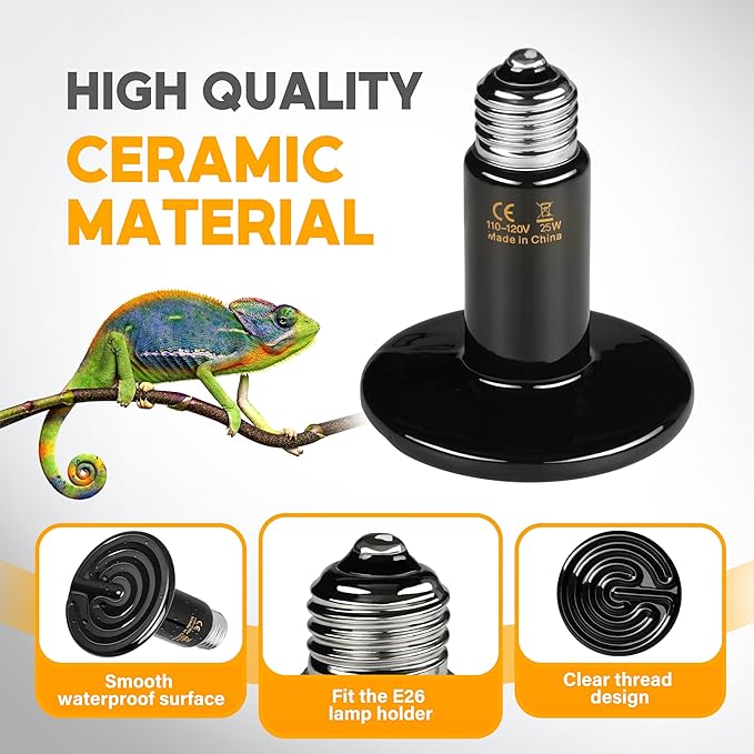 HealSmart 25W Reptile Heat Lamp Ceramic Heat Emitter, No Light Emitting Heat Bulbs, Suitable for Snake/Lizard/Spider, Plant Growth and Incubating Chicken, 2-Pack