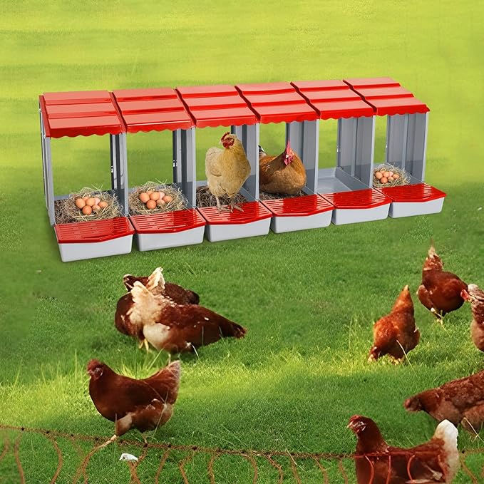 Chicken Nesting Boxes 6 Compartment PP Nesting Box with Inclined Nesting Boxes & Vented Holes Wall Mount Chicken Laying Boxes for Chicken Coop (Red)