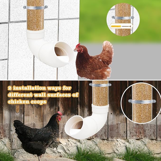 2-Pack Chicken Feeders No Waste, Chicken Feeder Kit with a Big One and a Small One, Automatic Chicken Feeder for Chicken Coop, PVC Gravity Poultry Feeders for Chickens, Ducks, Turkeys, Geese