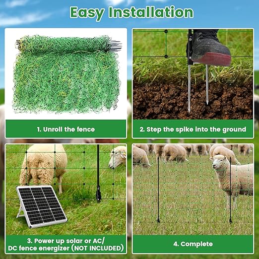 Electric Fence Netting, Portable Livestock Fencing for Sheep, Cattle, Net Fencing Kit with 14 Posts Double Spiked, Movable Poultry Netting for Backyards, Homesteaders, Farms Ranches (164 * 35.43)
