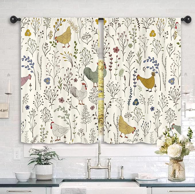 Rooster Chicken Leaves Kitchen Curtains 27.5W x 39L Inch Plant Botanical Rustic Farmhouse Cottagecore Rod Pocket Short Small Window Treatment Drapes Decor 2 Panels