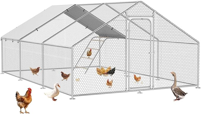 Large Metal Chicken Coop Run with Roosting Perch, Outdoor Waterproof & UV-Resistant Cover for Chickens, Ducks, Rabbits, and Hens in Yard or Farm Use Spire Roof (13.1'Wx19.7'Lx 6.5'H)