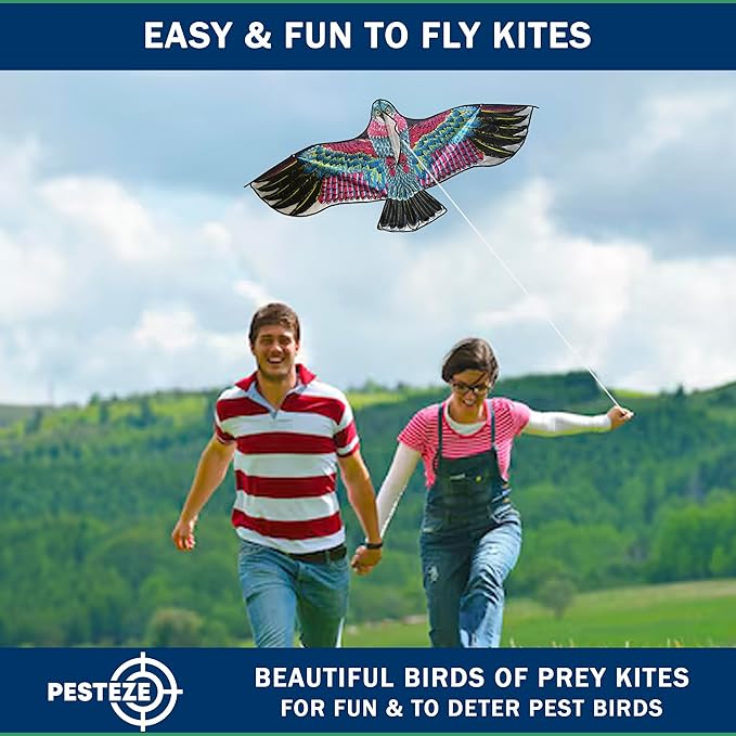 PESTEZE USA Red Eagle Kite 60x28 Inch. EZ to Fly Fun. Provides Humane Bird Deterrence in Yards & Farms. Protects Vegetables, Fruits & Crops from Pest Birds & Critters