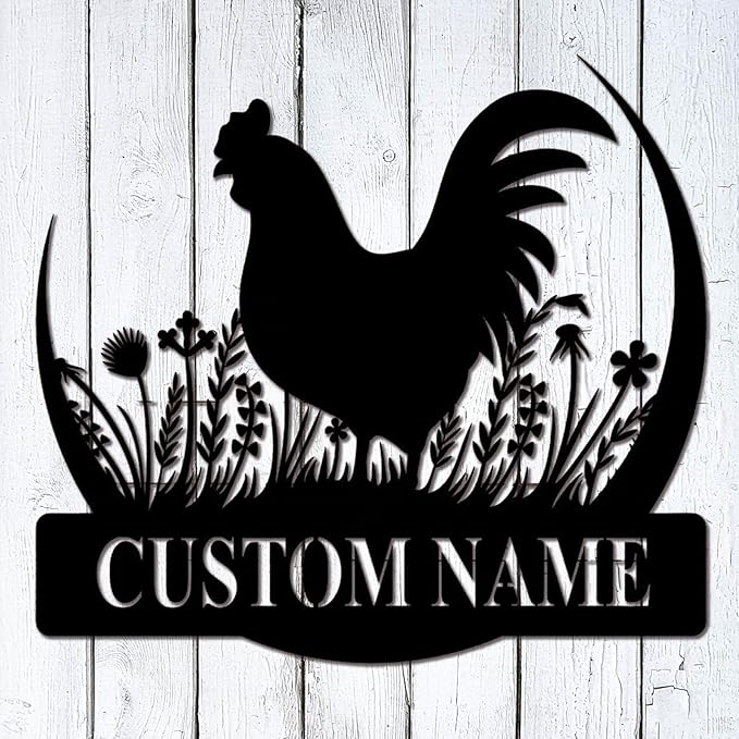Farmhouse Barn Chicken Coop Sign Custom Metal Hen House Nameplate Personalized Backyard Poultry Hanging Plaque Rustic Barnyard Wall Art Unique Gifts for Farmers and Homesteaders Outdoor Decorations