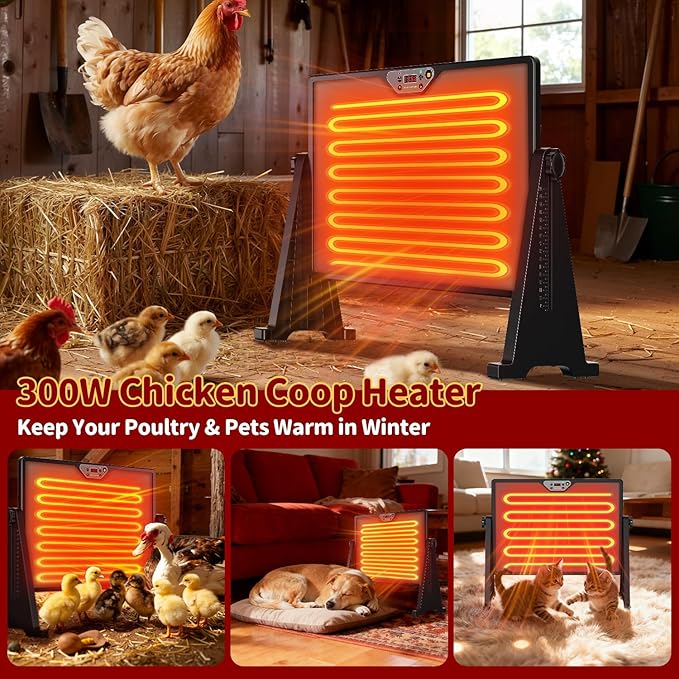 300W Chicken Coop Heater, Double Sided Heating with Adjustable Temperature Remote Control & Timer Function, Hanging Chicken Coop Heater for Winter Warmth, Includes Gloves and Chew-Proof Cord