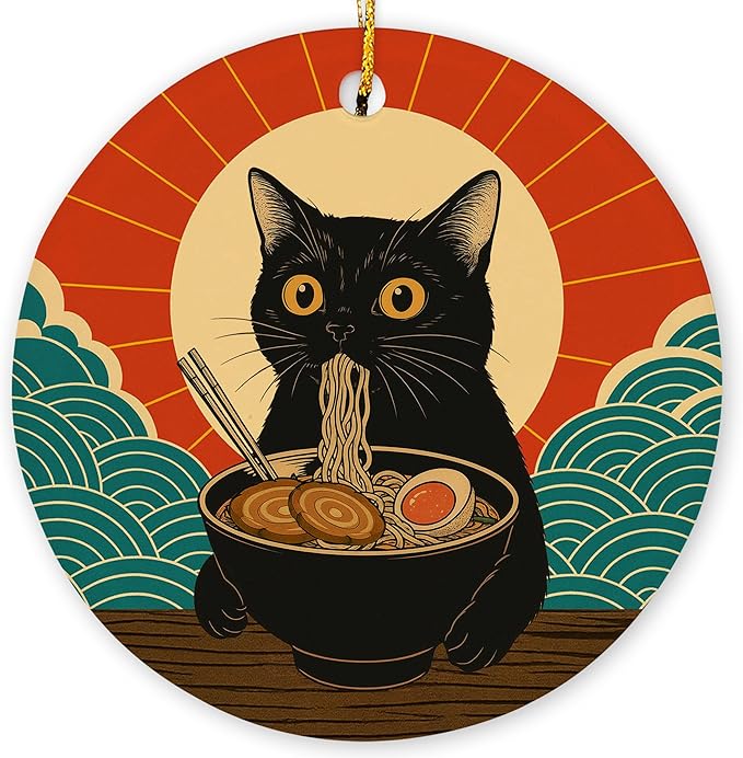 Black Cat Ramen Christmas Ornament - Funny Ramen Japanese Anime Gifts for Women, Men, Cat Lovers - Kawaii Noodle Pet Decor Ceramic Ornament