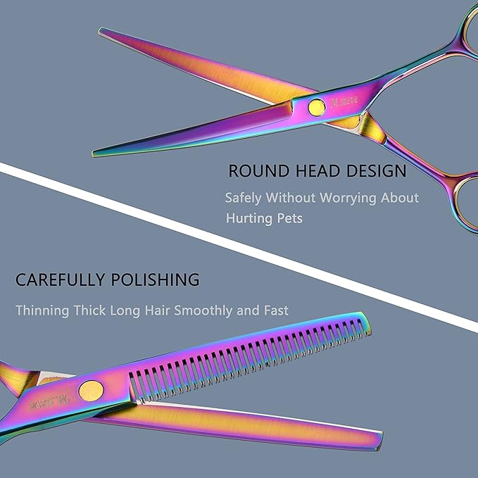 Dog Scissors for Grooming 7 in 1 Professional Pet Cat Hair Cutting Shears Kit At Home for Small Dogs, Including Straight Curved Thinning Scissors with Safety Round Tip, Comb