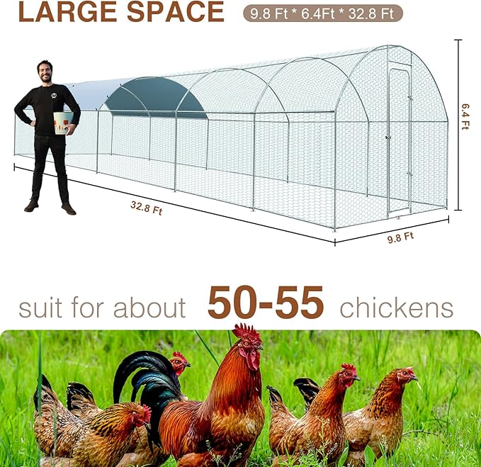 Extra Large Metal Chicken Coop for 50-55 Chickens, Walk-in Chicken Run, Chicken Pen Outdoor W/Cover, Waterproof & Anti-UV, 32.8' D x 9.8' W x 6.4' H, Wire Mesh Poultry Cage for Yard #LYJL10YD-US