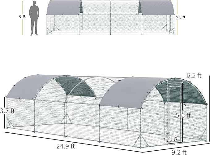PawHut Large Chicken Coop Metal Chicken Run with Waterproof and Anti-UV Cover, Dome Shaped Walk in Fence Cage Hen House for Outdoor and Yard Farm Use, 1" Tube Diameter, 9.2' x 24.9' x 6.5'
