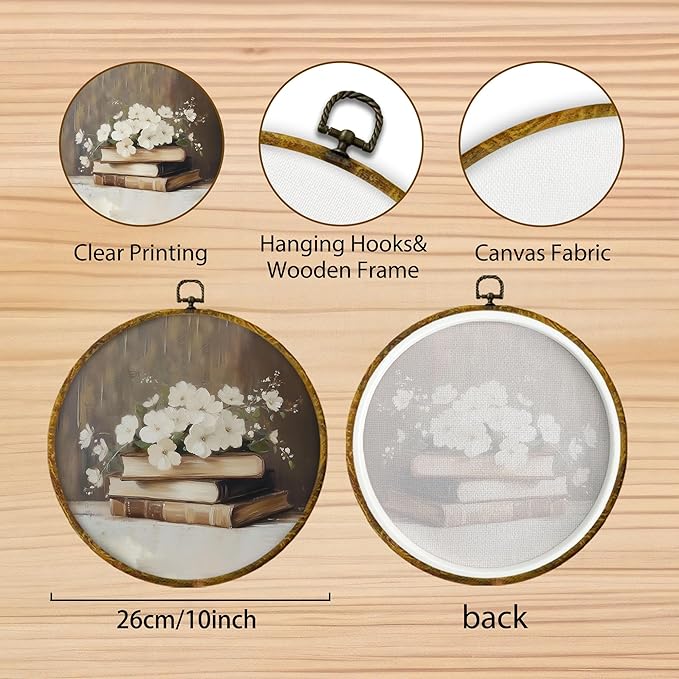 Hiuwevt Vintage White Floral Book Round Wall Art Decor, Neutral Shabby Chic Books Hanging Canvas Prints Artwork Framed, Rustic Bookish Circular Wall Decor for Library Reading Nook Room, 10x10 Inch