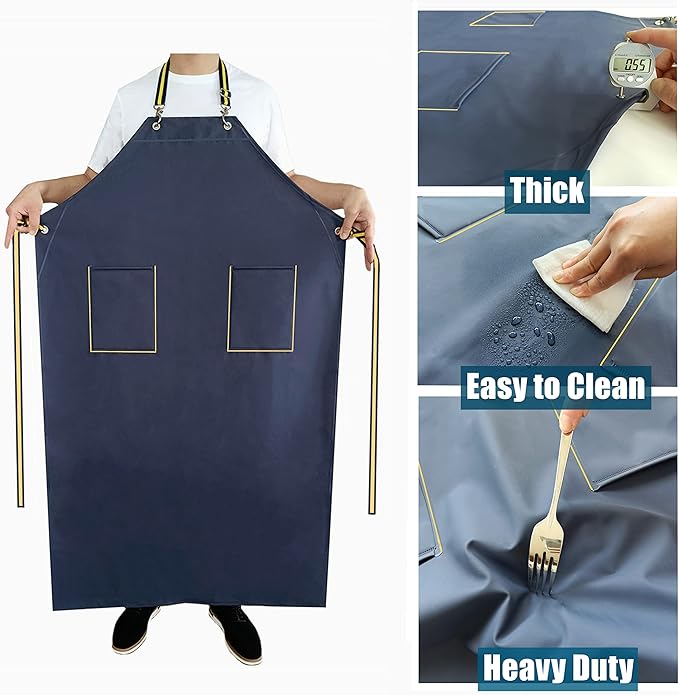 Rubber Aprons Waterproof with Pockets for Dishwashing, Dishwasher Apron Waterproof for Restaurant, 47 Inch Adjustable Neck Strap Butcher Apron for Men Water Proof, Heavy Duty Rubber Apron for Chemical