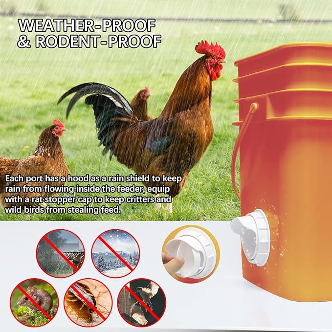 Chicken Feeder Port, 6 Pack Chicken Feeders No Waste with 6 Lids 1 Drill Bit, DIY Automatic Poultry Feeder Cups Kit, Chicken Bucket Feeder for Barrels (White)