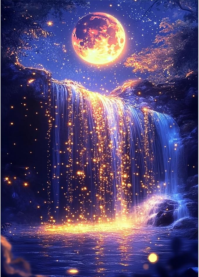MAXBYE Moonlight Waterfall Diamond Art Kits for Adults Adults, Moon 5D DIY Diamonds Painting Kits for Beginners, DIY Full Drill Round Landscape Diamond Kits for Home Decor 12x16 Inch
