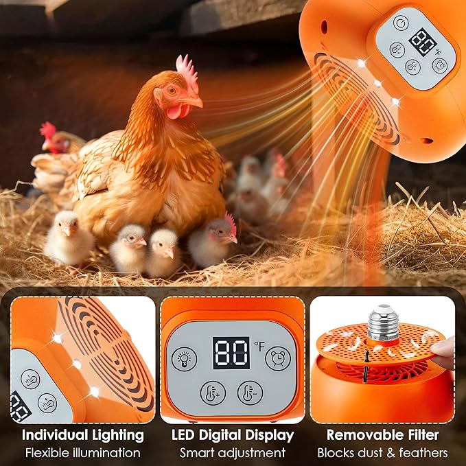 Enhon Chicken Coop Heater, 400W Heat Lamp for Chickens, Smart Chicken Brooder Heater with Thermostat & Timer, 5 Ft Extra Long Cable Heating Lamp for Chicks Ducks Dogs Cats Reptiles, No Remote